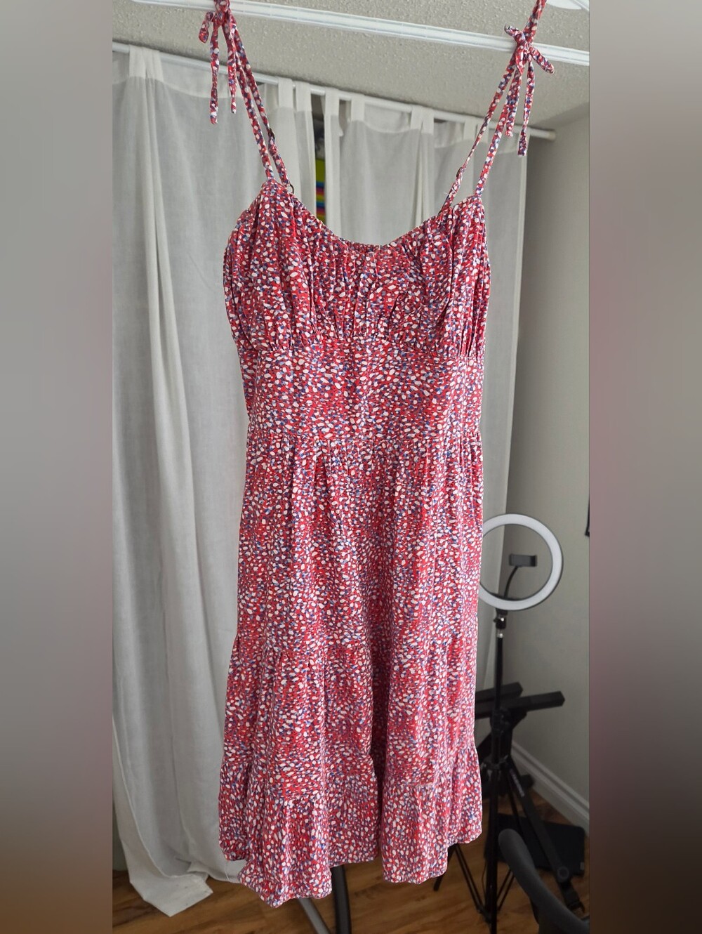 Red Floral Midi Dress with Spaghetti Straps Xs